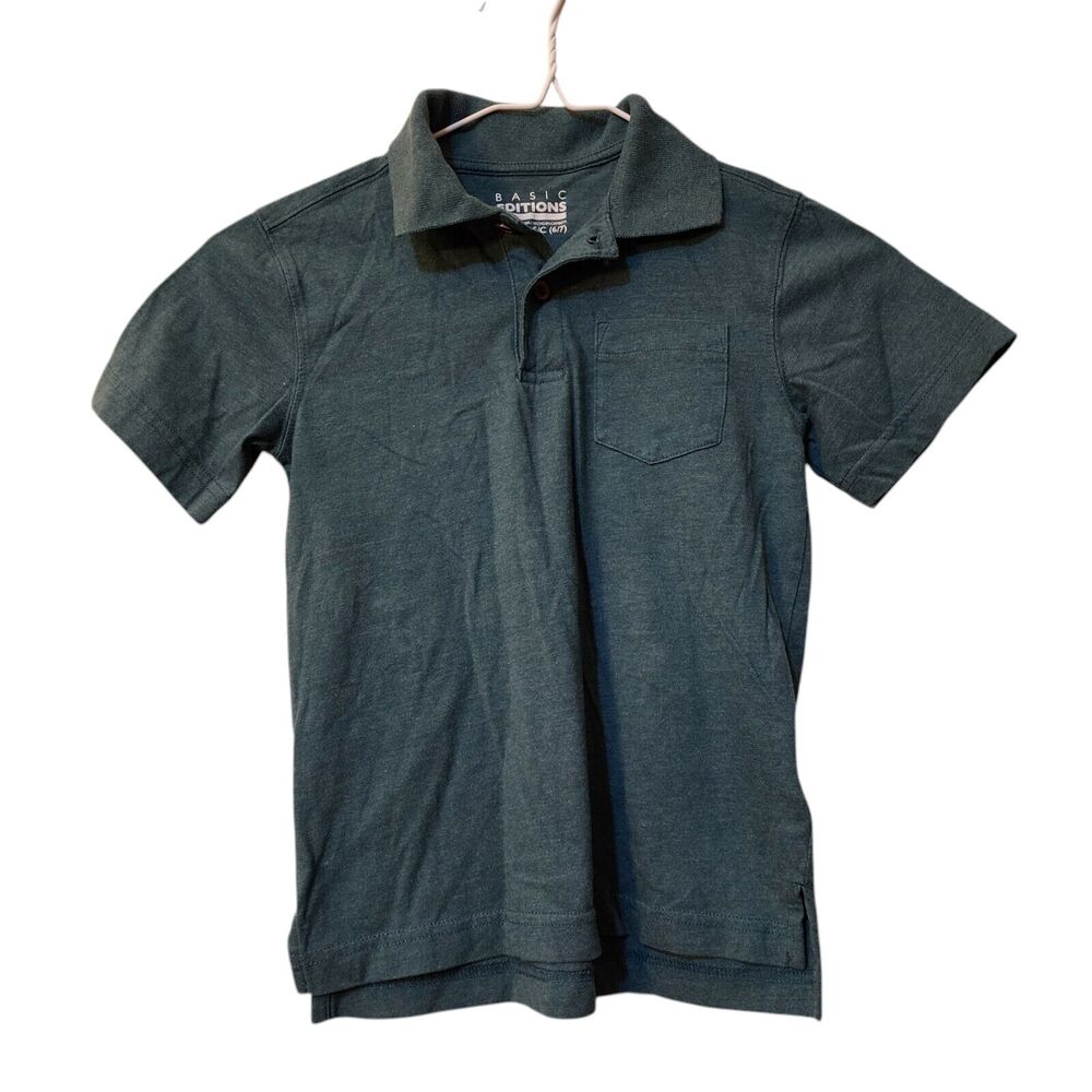 Basic Editions Boys Polo Shirt Size S 6/7 Green Short Sleeve 1/4 Button